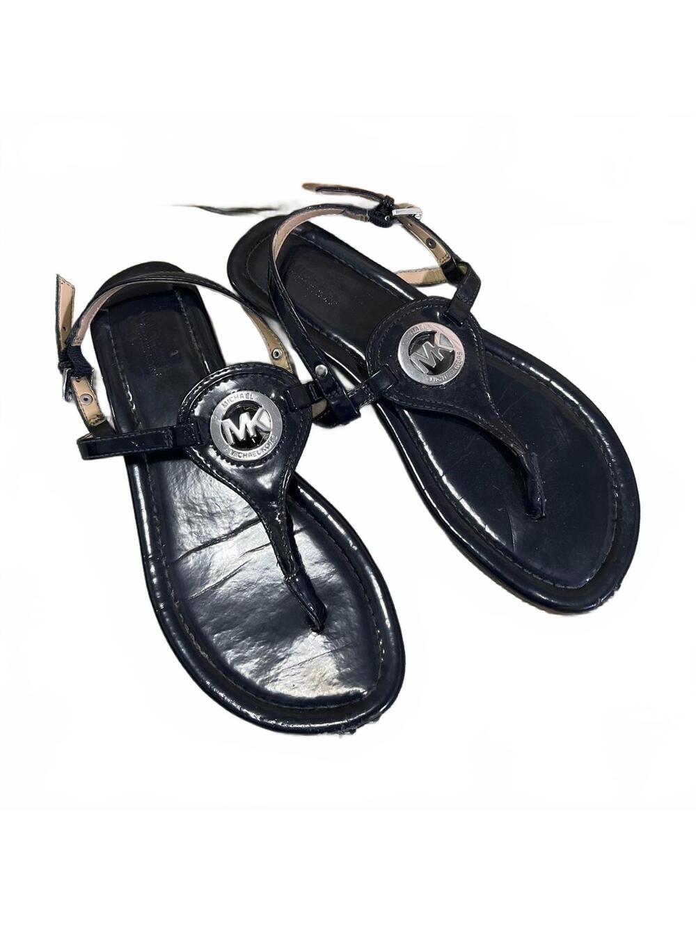 MICHAEL Michael Kors Navy Blue Flat Sandals with Silver MK Logo Womens Size 7 M